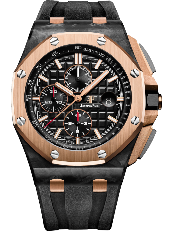 Royal Oak Offshore Chronograph Qe II Cup 2016 44MM Black Rubber Strap Black Dial With Méga Tapisserie Pattern Forged Carbon Case 18-Carat Pink Gold Bezel - Audemars Piguet